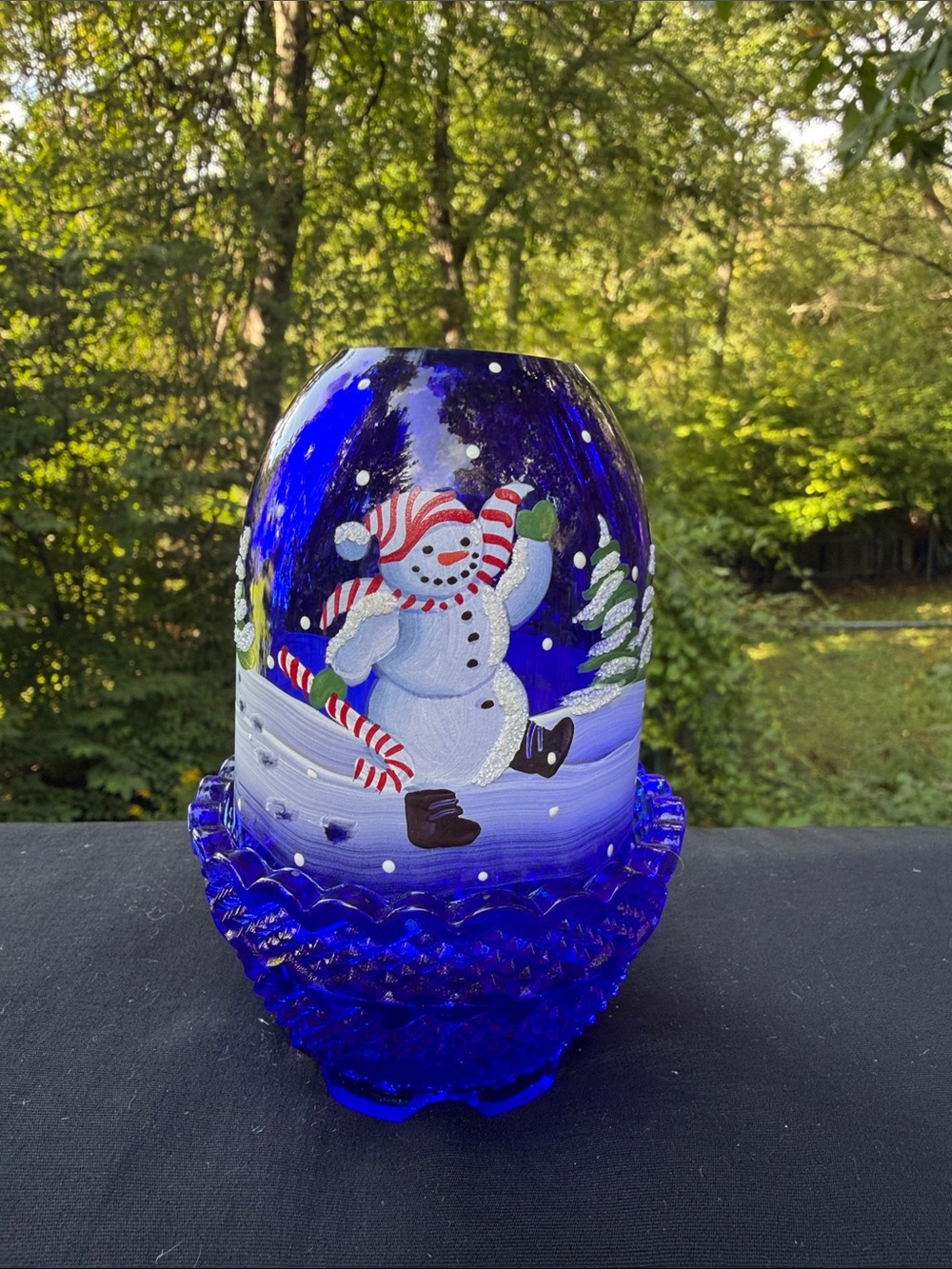 Fenton Cobalt Blue 2 piece Fairy Light with Jolly Snowman